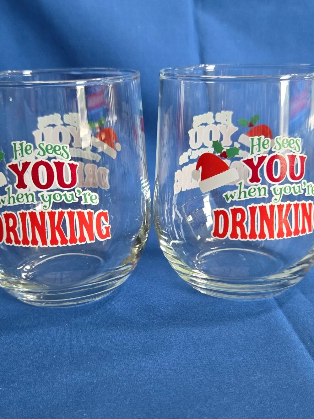 Set 2 Christmas SANTA Stemless Wine Glasses "He Sees You When You're Drinking"